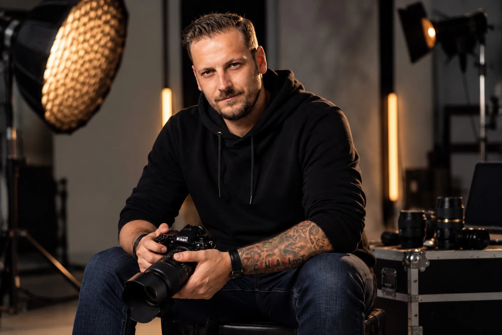 Florian Rißmann, Fotograf von Feelfree Fotografie, mit seiner Kamera im Studio